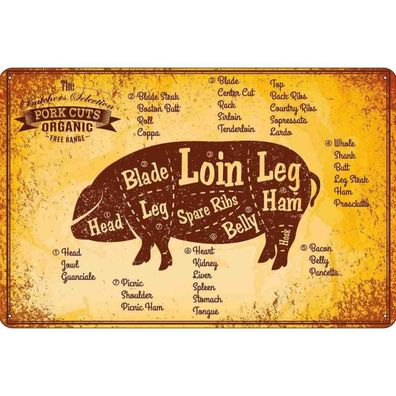 Blechschild 20x30 cm - Schwein Pork cuts organic Metzgerei