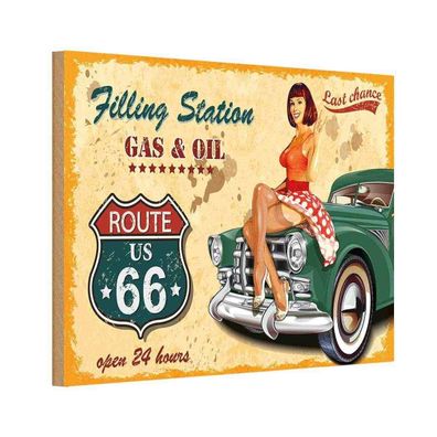 Holzschild 20x30 cm - Pinup Gas Oil open 24 hours