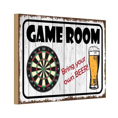 Holzschild 20x30 cm - Dart game room bring your Beer