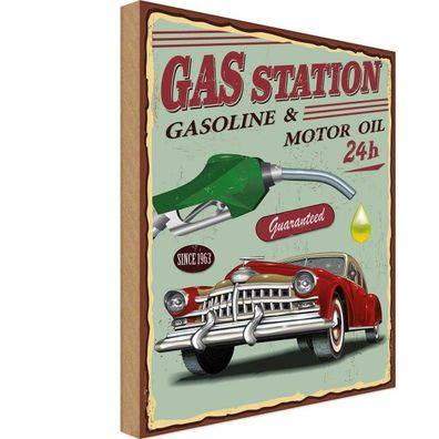 Holzschild 18x12 cm - Gas Station gasoline motor oil 24