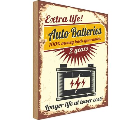 Holzschild 20x30 cm - Reto Extra Life Auto Batteries
