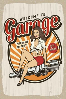 Holzschild 20x30 cm - Pinup Welcome to Garage Mechanic on