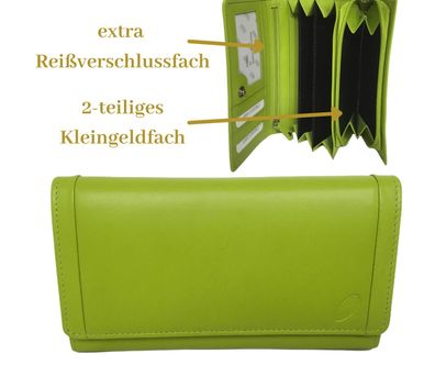 hellgrüne längliche Damenbörse mit Reißverschlussfach, Leder Tafelbörse