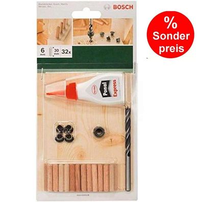 Bosch 32-tlg. Holzdübel Set 6 x 30 mm, Bohrer Tiefenstop 4 Dübelsetzerr Holzleim