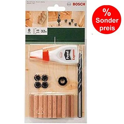 Bosch 32-tlg. Holzdübel Set 8 x 40 mm, Bohrer Tiefenstop 4 Dübelsetzerr Holzleim