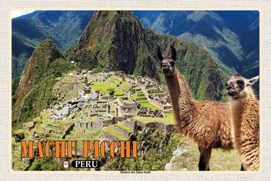 Holzschild 20x30 cm - Machu Picchu Ruinen der Inka-Stadt Lamas