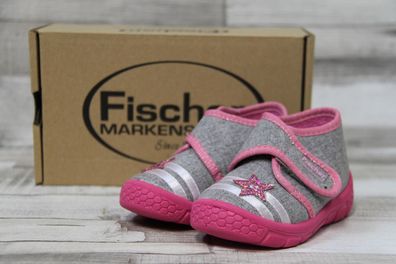 Fischer Mädchen Klett-Hausschuh hellgrau mit rosa Glitzerstern