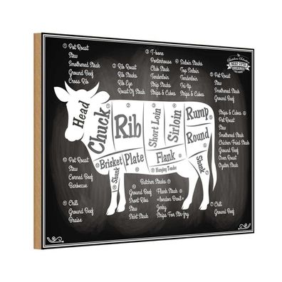 Holzschild 20x30 cm - Kuh Beef cuts Organic Fleisch Metzgerei