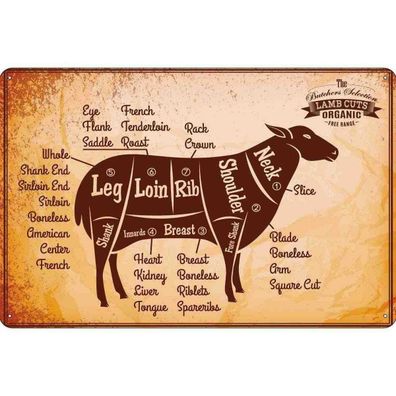 Blechschild 20x30 cm - Lamm Lamb cuts Organic Metzgerei