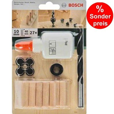 Bosch 27-tlg Holzdübel Set 10 x 40 mm, Bohrer Tiefenstop Dübelsetzerr Holzleim