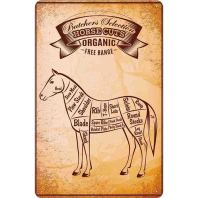 Blechschild 20x30 cm - Pferd Horse cuts Organic Metzgerei