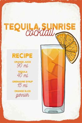 Holzschild 20x30 cm - Tequila Sunrise Cocktail Recipe