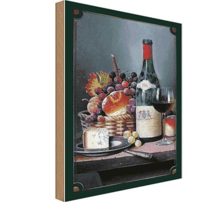 Holzschild 20x30 cm - Kunst Stillleben Rotwein Käse Obst