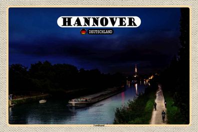 Holzschild 20x30 cm - Hannover Landkanal Boote Nacht