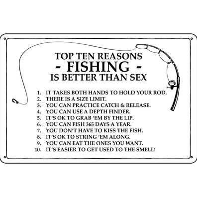 Blechschild 20x30 cm - Angeln Top 10 reasons Fishing is better
