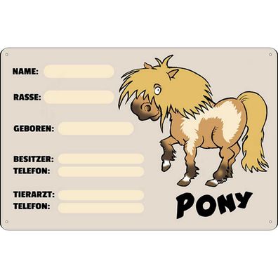 Blechschild 18x12 cm - Pony Tiere Name Rasse Besitzer geboren