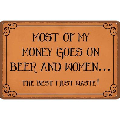 Blechschild 18x12 cm - most of my money Beer and women