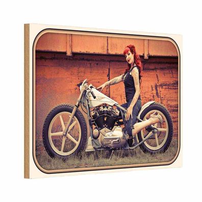Holzschild 18x12 cm - Motorrad Biker Girl Frau Pin up