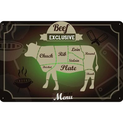 Blechschild 20x30 cm - Fleisch Schnitte Beef exklusive Menü
