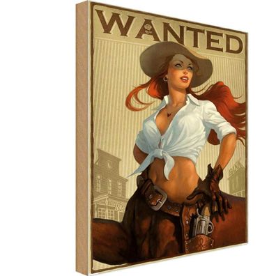 Holzschild 18x12 cm - Pinup wanted Cowgirl Metall Wanddeko