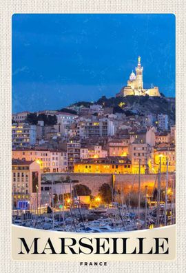 Blechschild 20x30 cm - Marseille Frankreich Kirche Nacht
