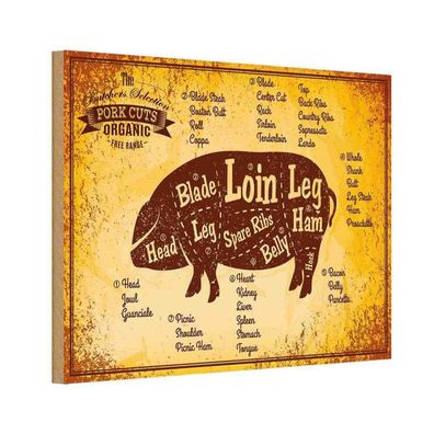 Holzschild 20x30 cm - Schwein Pork cuts organic Metzgerei