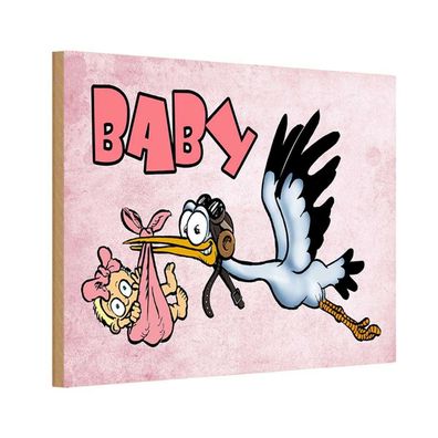 Holzschild 20x30 cm - Baby Storch bringt Kind rosa