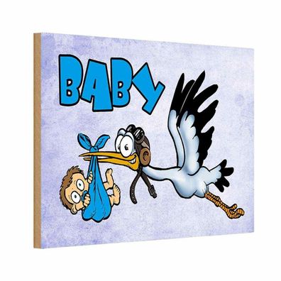 Holzschild 18x12 cm - Baby Storch bringt Kind in blau
