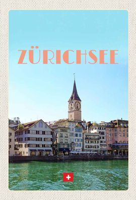 Holzschild 20x30 cm - Zürich Schweiz Ausblick See auf Stadt