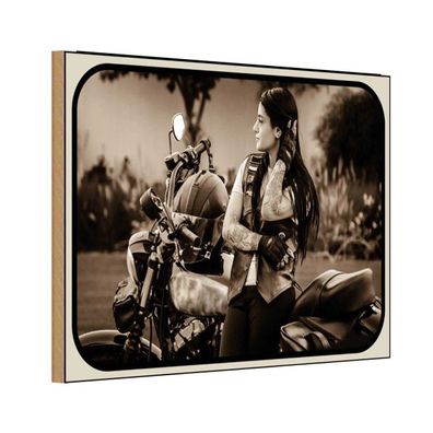 Holzschild 18x12 cm - Motorrad Bike Girl Frau biker Pinup