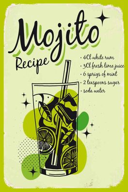 Holzschild 20x30 cm - Mojito Cocktail Recipe drink