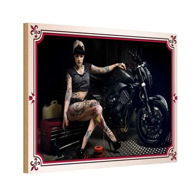 Holzschild 18x12 cm - Motorrad Bike Girl Pinup Frau Tattoo