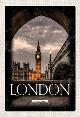 Blechschild 20x30 cm - London UK Big Ben Nacht Retro