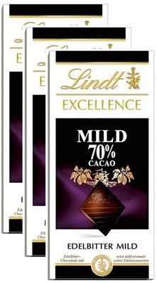 Lindt Excellence Edelbitter Mild 70% Cacao Schokolade - 3 Tafeln je 100 Gramm