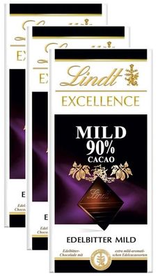 Lindt Excellence Edelbitter Mild 90% Cacao Schokolade - 3 Tafeln je 100g
