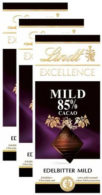 Lindt Excellence Edelbitter Mild 85% Cacao Schokolade - 3 Tafeln je 100 Gramm