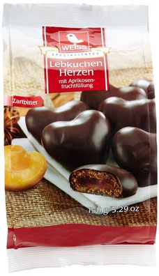 Weiss 150g gefüllte Zartbitter Lebkuchen Herzen mit 28% Aprikosenfüllung vegan