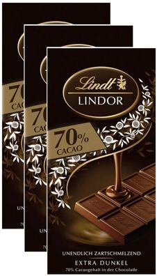 Lindt Lindor Edelbitter - Schokolade Dark 70% Cacao - 3 Tafeln je 100 Gramm