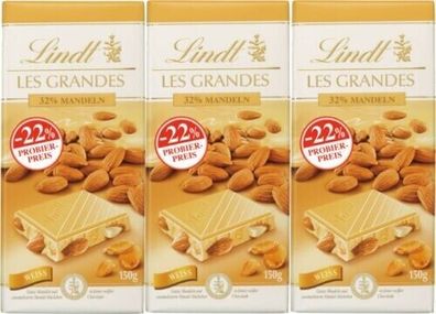 Lindt Les Grandes Weiße Schokolade mit karamellisier Mandel-Stückchen 3 x 150g