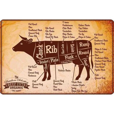 Blechschild 20x30 cm - Kuh Beef cuts Organic Metzgerei