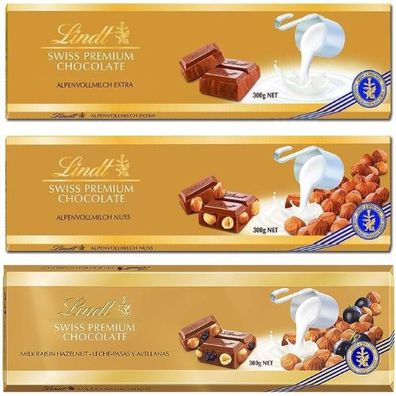 Lindt Alpen-Vollmilch-, Vollmilch-Nuss-, Traube Nuss-Schokolade Extra 3x 300g