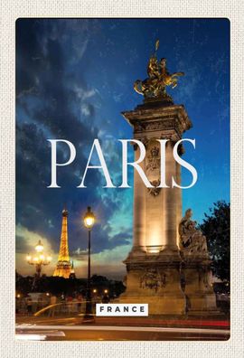 Holzschild 20x30 cm - Paris France Eiffelturm Nacht Retro