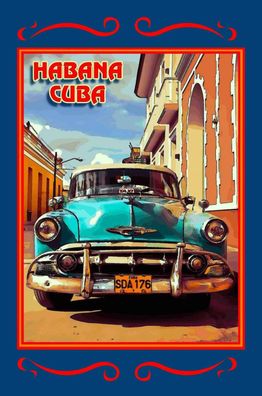 Holzschild 20x30 cm - Cuba Habana Cuba blaues Auto