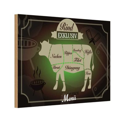 Holzschild 20x30 cm - Fleisch Schnitte Rind exklusiv Menü