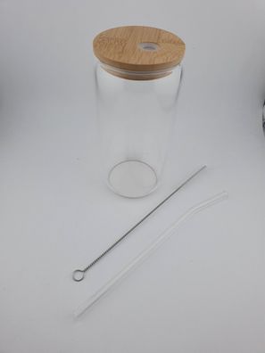 Trinkglas mit Holzdeckel und Glasstrohhalm inklusive Bürste 16oz ca. 470ml, Glas