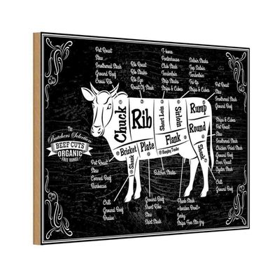 Holzschild 20x30 cm - Kuh Beef cuts Organic Metzgerei