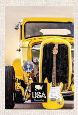 Holzschild 20x30 cm - Amerika Oldtimer gelb Auto Gitarre