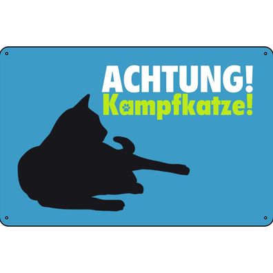 Blechschild 20x30 cm - Achtung Kampfkatze Katze blau
