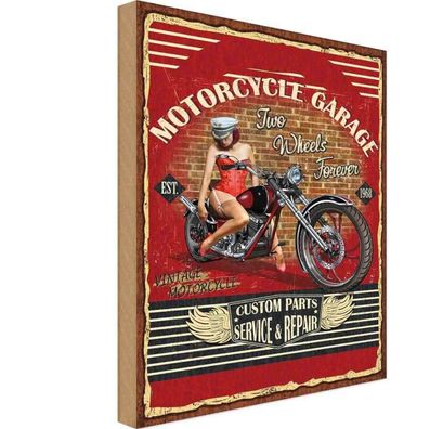 Holzschild 18x12 cm - Pinup Motorcycle Garage Vintage
