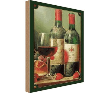 Holzschild 20x30 cm - Kunst Stillleben Rotwein Erdbeeren Obst